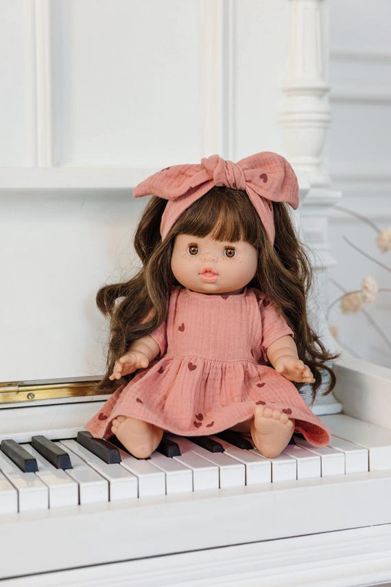 Paola Reina clothes for Minikane Gordis doll, marsala pink muslin dress with hearts