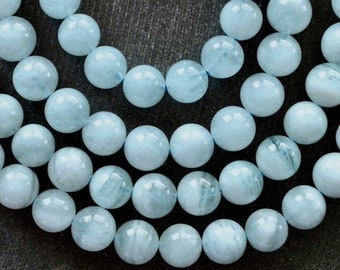 8mm Aquamarine Beads Natural Genuine Aquamarine Stone Beads (8 beads)  Real Aquamarine Gemstone Grade AB Light Blue