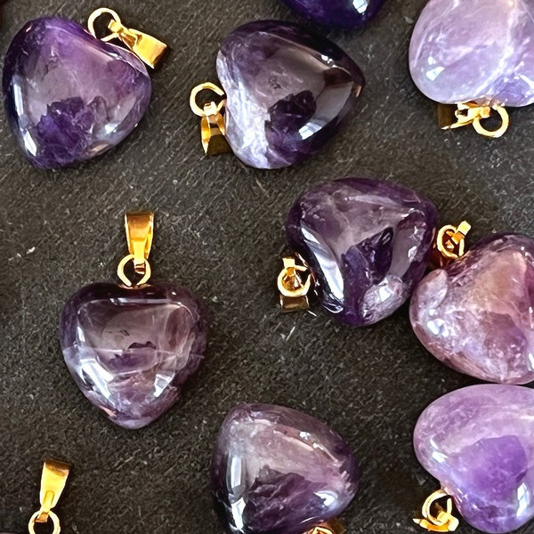 15mm Amethyst Heart Pendant Gemstone Stone Pendant 15x9mm Purple Amethyst Quartz Pendant (1 pendant) Stone Heart Pendant (Gold)