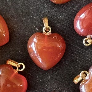 15mm Carnelian Pendant Stone Puffed Heart Pendant 15x15x10mm Natural Orange Brown Stone Pendant Heart with Gold Bail