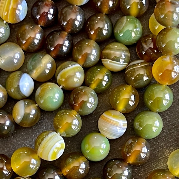 8mm Agate Stone Beads Gemstone (10 Beads) Smooth Shiny Finish Agate Beads Shades of Olive Green Agate Beads Mala Beads Jewelry Making (15B)