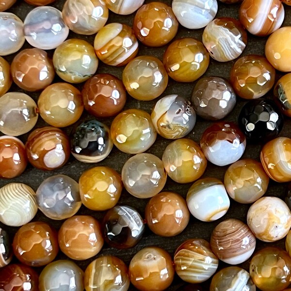 8mm Agate Stone Beads Gemstone Faceted Agate (10 Beads) Stone Gemstone Caramel Brown White Stone Beads  Round Stone Beads (02)