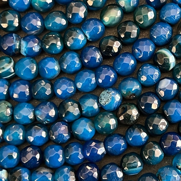 6mm Agate Beads, Gemstone (12 Beads)  Round Faceted Agate Stone Beads Multi Color Agate Prussian Blue Stone Beads (826)