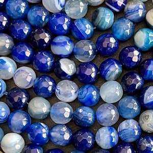 8mm Agate Beads, Gemstone (10 Beads) Faceted Deep Blue White Agate Round Stone Beads Multi Color Agate Stone Beads Mala Sale (371)