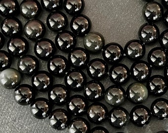 Perles de pierre d'obsidienne 8 mm rondes lisses de qualité AA (10 perles) Pierre noire brillante foncée brillante, perles d'obsidienne naturelle, énergie de guérison (275)