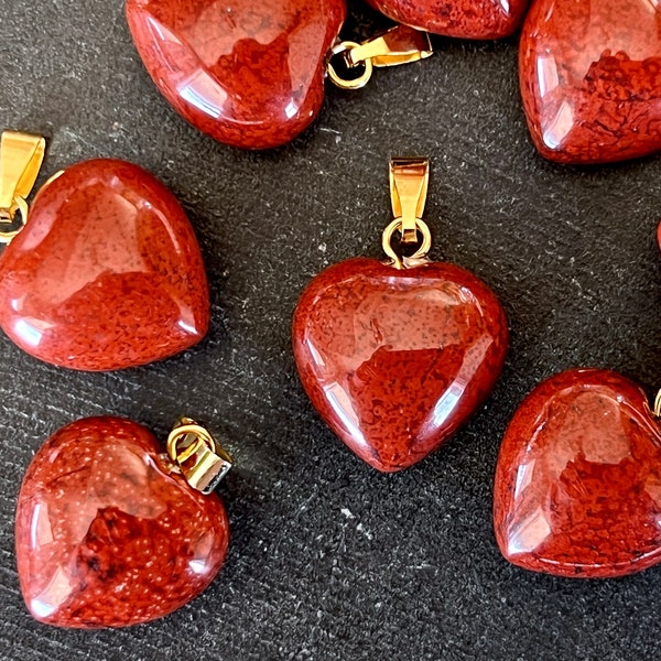 15mm Red Jasper Puffed Heart Pendant Gemstone Stone Pendant 15x15x9mm Red Stone Heart (1 pendant) Heart Thick Chunky Small Heart (Gold)
