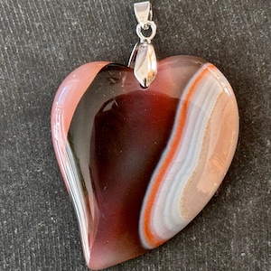 55mm Agate Pendant Orange Brown White Gemstone Heart Pendant 55x43x8mm Natural Stone Silver Tone Bail Heart Pendant with Bail (H3)
