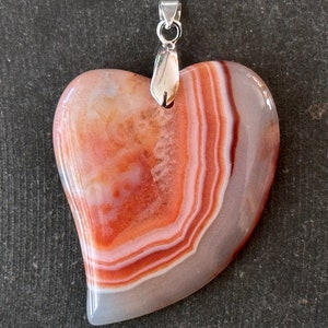 53mm Agate Pendant Orange Brown White Gemstone Heart Pendant 55x42x7mm Natural Stone Silver Tone Bail Heart Pendant with Bail (H5)