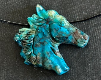 49mm Carved Chrysocolla Horse Pendant 49x49x10mm Natural Teal Blue Chrysocolla Carved Horse Pendant Blue Stone Horse Necklace Pendant (559)