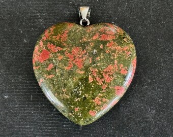 40mm Natural Unakite Heart Pendant Natural Gemstone Stone Pendant 40x40x10mm Puffed Green Peach Stone Heart Pendant Necklace Pendant (#4)