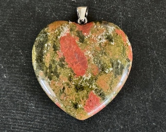 40mm Natural Unakite Heart Pendant Natural Gemstone Stone Pendant 40x40x10mm Puffed Green Peach Stone Heart Pendant Necklace Pendant (#3)