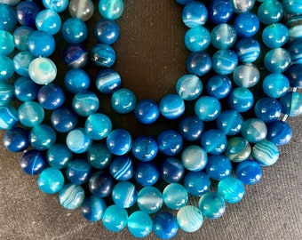 6mm Agate Stone Beads Gemstone Teal Turquoise Blue Agate (12 Beads) Smooth Shiny Agate Blue Striped Mala Jewelry Making Beading (845-6)