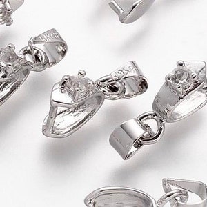 12mm Pinch Bail Platinum Tone Cubic Zirconia Bail Connector (1 bail) Platinum Silver Finding Sparkly Connector for Pendant Fancy Silver Bail