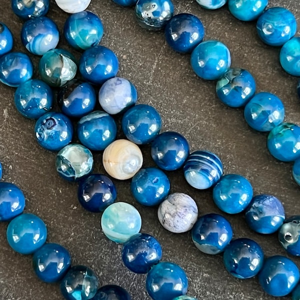 6mm Agate Stone Beads Gemstone Teal Turquoise Blue Agate (12 Beads) Smooth Shiny Agate Blue Striped Mala Jewelry Making Beading (04A)