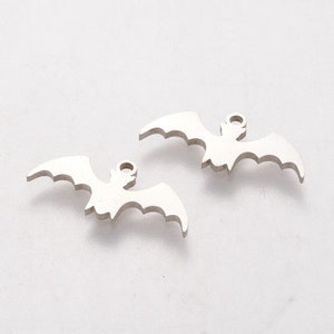 18mm Bat Charm Stainless Steel 18x8x1mm Platinum Color (2 pieces) Metallic Halloween Holiday Charm Pendant