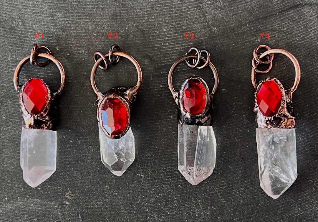 Quartz Crystal Pendant Soldered Pendant Copper Findings Red Glass Jewel