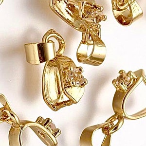 12mm Pinch Bail Golden Cubic Zirconia Bail Connector (1 bail) Gold Finding, Sparkly Connector for Pendant, Fancy Gold Bail