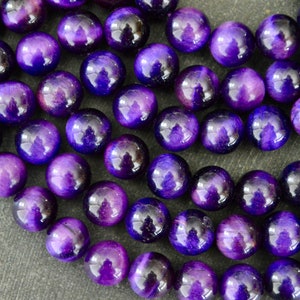 8mm Tiger Eye Stone Beads Purple Gemstone Beads, Round Tiger Eye Beads (9 Beads) Purple Natural Gemstone Dyed Stone Beads