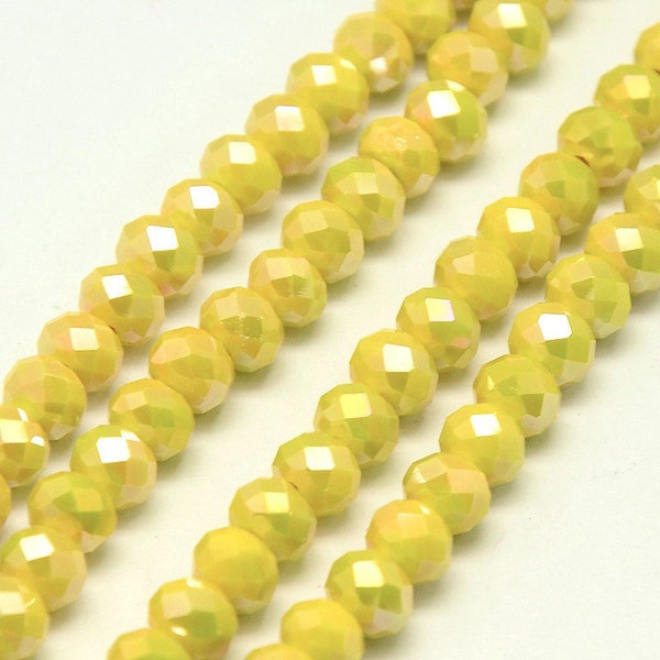 6x4mm Faceted Glass Rondell Beads, Bright Yellow (20 Beads) Abacus Shape Plated AB Beads, Shimmery Sparkly Beads