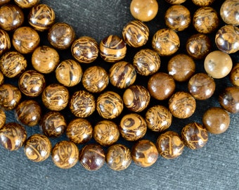 8mm Jasper Beads, Smooth Gemstone Brown Calligraphy Stone Miriam Stone Elephant Skin Jasper Beads (9 beads) Round Gemstone Beads