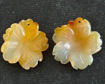 25mm Hand Carved Stone Flower Pair Pale Orange Natural Carnelian Gemstone Pair 25x25x7mm (2 pieces) Designer Quality Earring Stones