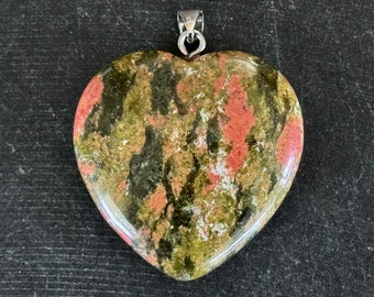 40mm Natural Unakite Heart Pendant Natural Gemstone Stone Pendant 40x40x10mm Puffed Green Peach Stone Heart Pendant Necklace Pendant (#1)