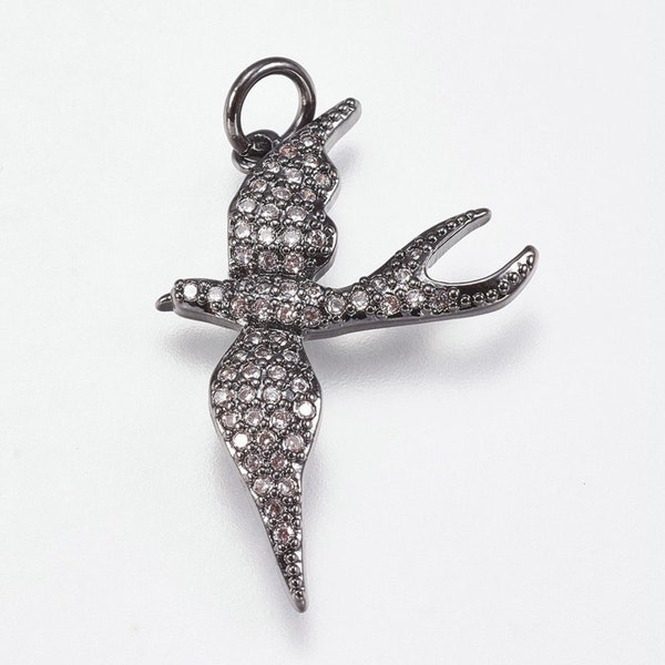 25mm Micro Pave Cubic Zirconia Bird Pendant, Gunmetal Color Sparkly Bird Charm Pendant 25x18x2mm Jewelry Pendant