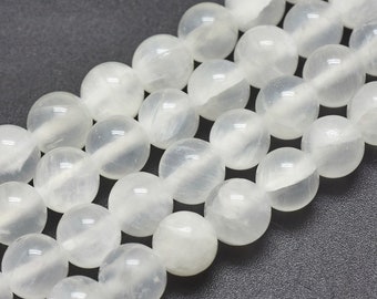 Perles de pierres précieuses de sélénite naturelle de 8 mm, pierres précieuses blanches lisses et brillantes (10 perles) Perles de guérison énergétique de sélénite, perles de mala, perles en vrac