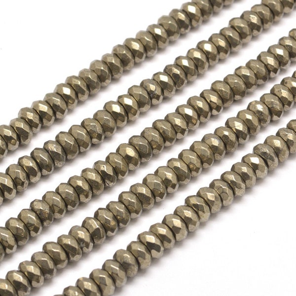 4mm Pyrite Stone Beads, Bronze, Gemstone 4x3mm Faceted Rondelle Pyrite Beads (14 beads) Metallic Stone Beads Spacer Natural Pyrite