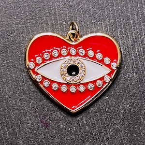 24mm Heart Charm 18K Gold Plated Brass 24x21x2mm Cubic Zirconia Enamel Red Heart Pendant Charm CZ Heart Eye Sparkly Shiny Gold Pendant