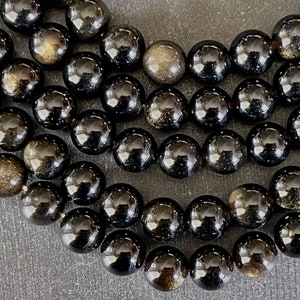 8mm Gold Sheen Obsidian Stone Beads Round Smooth (10 beads) Dark Shiny Shimmery Black Gold Stone Natural Obsidian Beads Healing Energy (115)