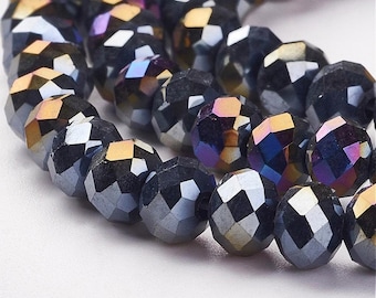 6 x 4 mm perles de verre facettées, noires, galvanoplastie AB (20 perles) rondes, trou 1 mm, perles scintillantes métallisées violet bronze, verre
