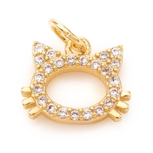 9mm Cat Charm 18K Gold Plated Brass 9x8x1.5mm Real Gold Plated Pendant Charm (1 piece) Cubic Zirconia CZ Gold Cat Charm Sparkly Shiny Gold
