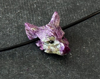 23mm Hand Carved Atlantisite Stichtite Wolf Head Pendant Natural Gemstone Purple Green Stone Animal 23x18x9mm Spirit Animal Necklace Pendant