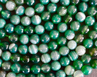 8mm Agate Stone Beads Gemstone, Faceted Striped Agate (10 Beads) Stone Gemstone Green White Stone Beads  Round Stone Beads