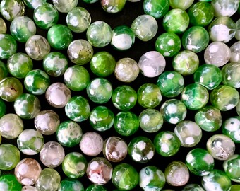 8mm Agate Stone Beads Gemstone, Faceted Agate (10 Beads) Stone Gemstone Spring Green, White, Stone Beads  Round Stone Beads (E32)
