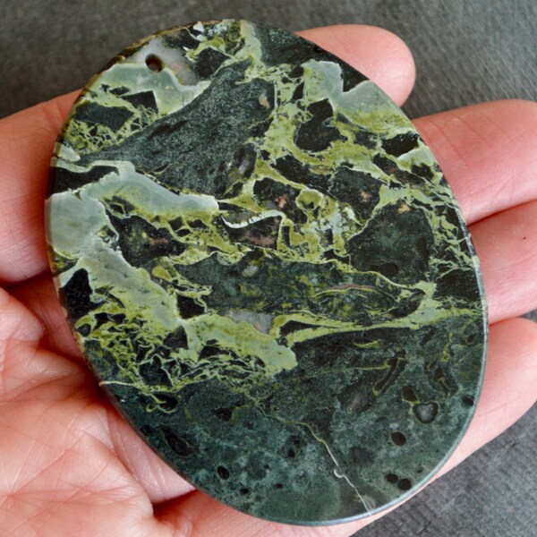 65mm Camouflage Jasper Oval Stone Pendant, Designer Cut Stone 65x50x5mm  Dark Green Stone, Fancy Stone Pendant