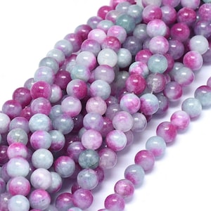 8mm Jade Gemstone Beads (12 Beads) Pale Blue, Fuchsia Purple Smooth Round Stone Beads Jade Beads Tie Dye Jade, Dyed Jade