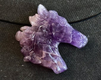 48mm Carved Amethyst Horse Pendant 48x45x9mm Natural Purple Amethyst Carved Horse Pendant Purple Stone Horse Necklace Pendant (152)