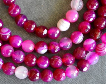 6mm Hot Pink Agate Smooth Magenta Gemstone Beads, Bright Pink (12 beads) Gemstone, Agate Beads 6mm Pink Stone Beads, Striped Agate Beads