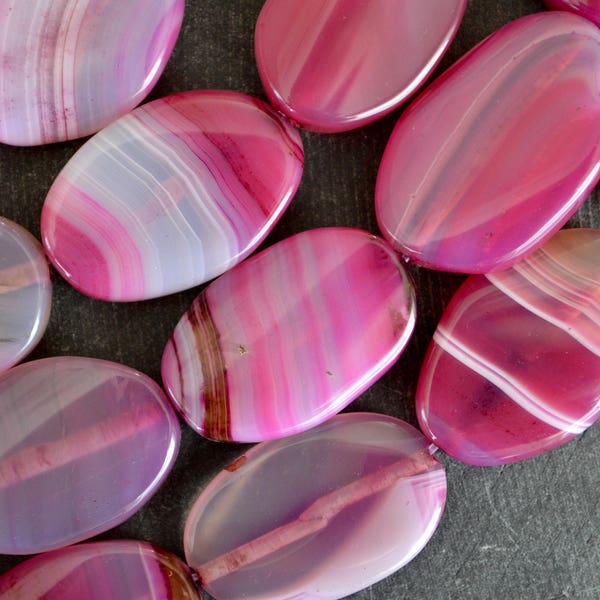 28mm Pink and White Agate Stone 28x18mm Large Stone Flat Oval Shape Beads (3 beads) Gemstone Pink Agate Large Focal Beads Gemstone Beads