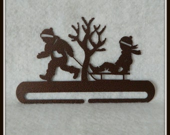 Boys and Sled Quilt Hanger ~ Dark Copper Cut Steel 8 or 12 Inches Wide ~ Made in the USA