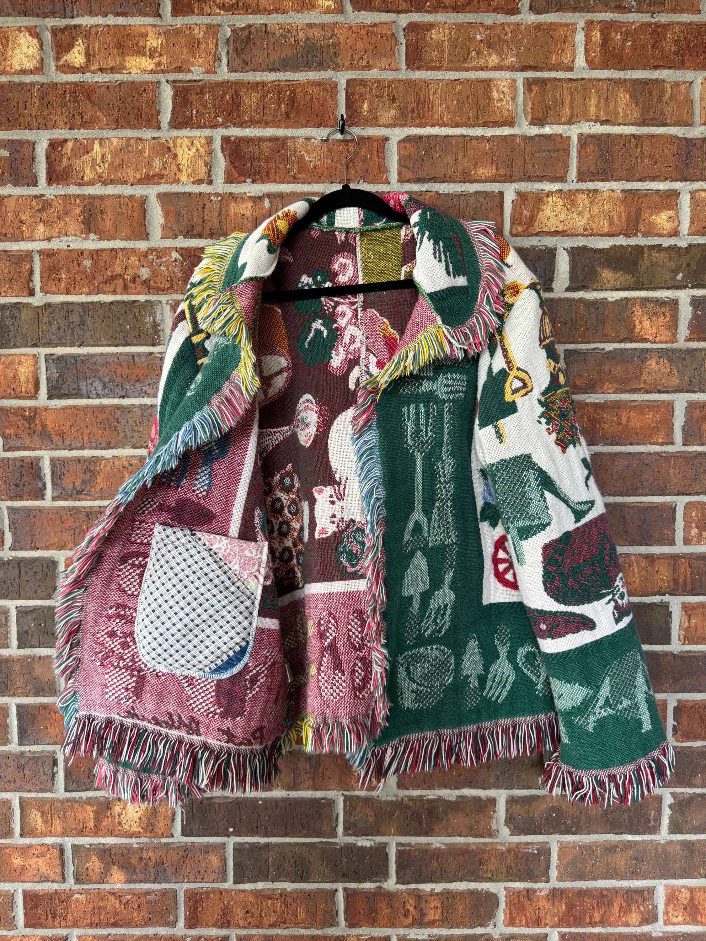 Handmade Blanket Cardigan – Upcycled Cotton Throw – Garden Gift - Fringe Trim – Oversized Fit – Cozy Cottagecore Grandmacore Outerwear