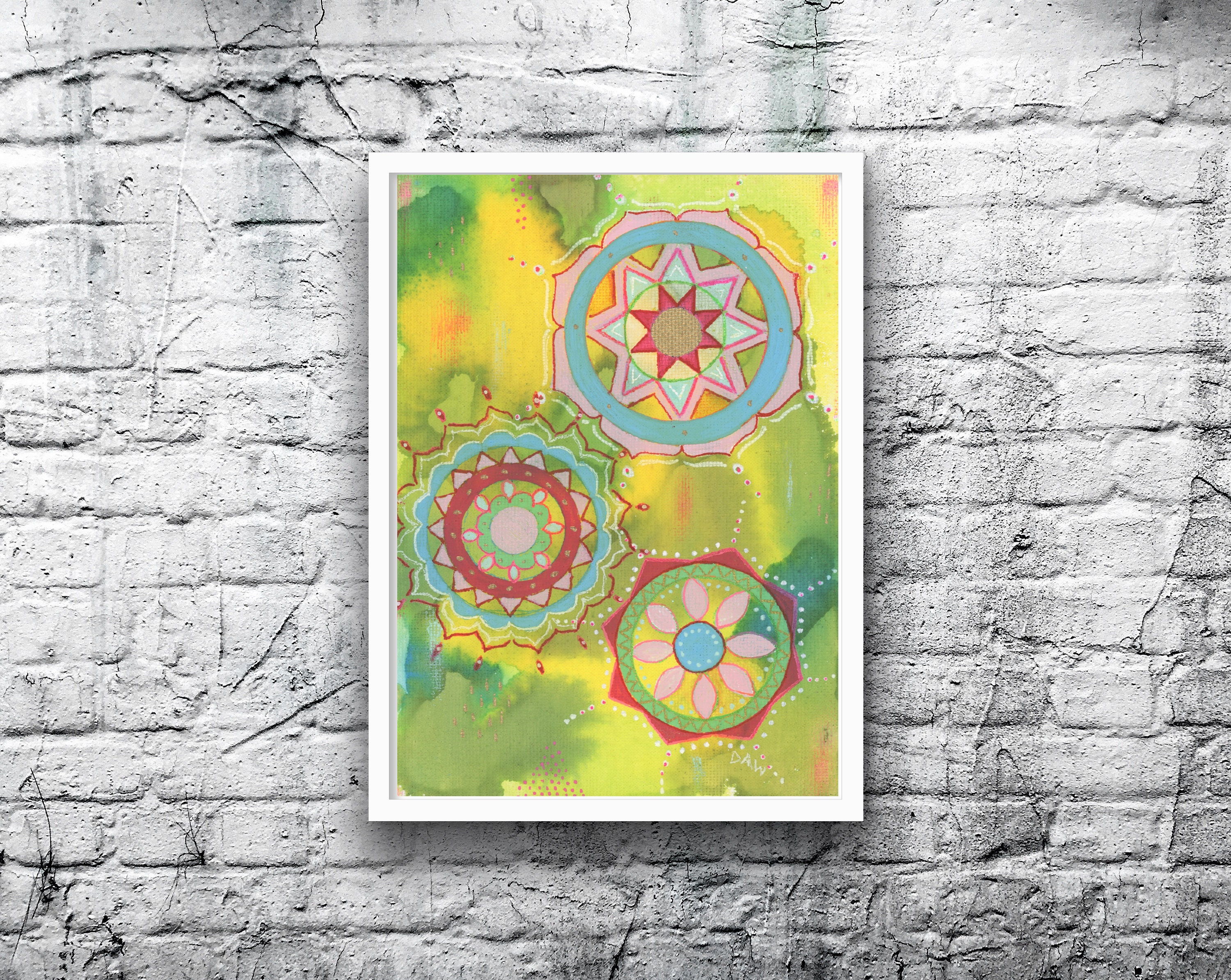 Dreamy Orange Dreamsicle Pink Yellow Lime Green Hand Painted ORIGINAL Mandala #8-5x7 Acrylic Painting on Canvas Board