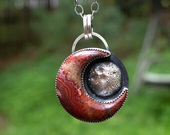 Laguna Lace Agate Crescent Moon Necklace, with Full Moon