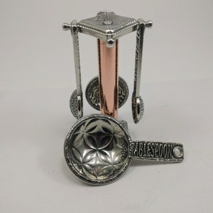 Quilted Measuring Spoons-cast in pewter with pewter and copper hanging stand
