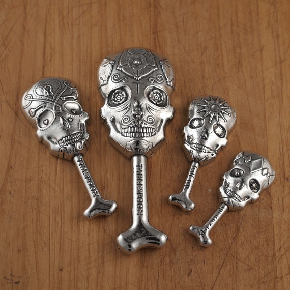 Sugar Skull Measuring Spoons Pewter Calaveraday Of The Dead Etsy