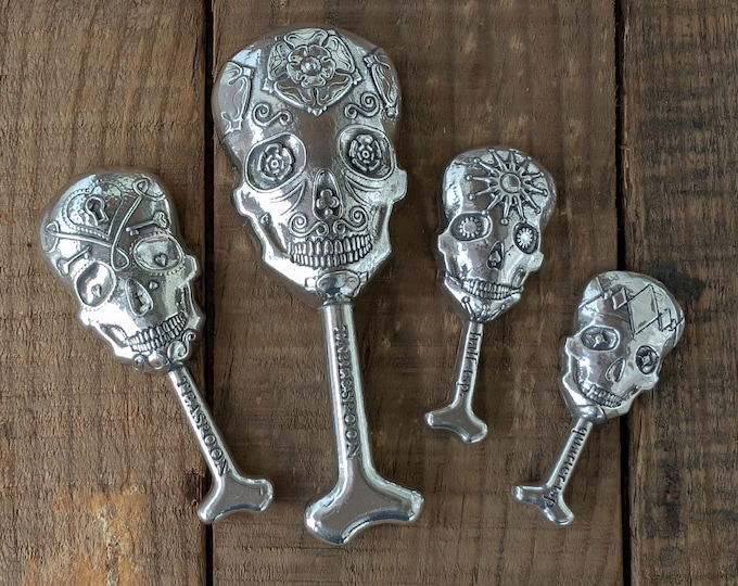 Sugar Skull Measuring Spoons- Pewter- Calavera,Day of the Dead Kitchen decor- Bone Spoons