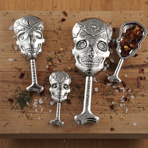 Sugar Skull Measuring Spoons- Pewter- Calavera,Day of the Dead Kitchen decor- Bone Spoons