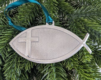 Ichthys, Jesus Fish Pewter Christmas Ornament